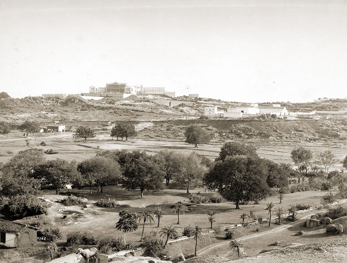 A distant view of the Falaknuma Palace from an opposite hillside, taken by in the 1880s<p>© Lala Deen Dayal</p>